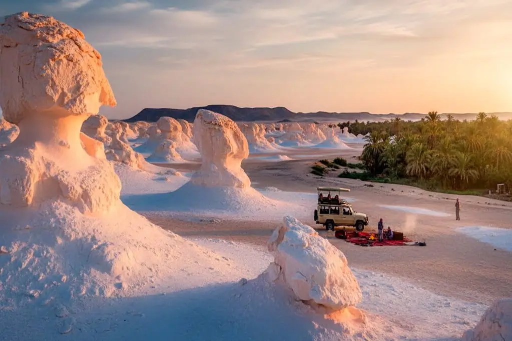 Panoramic view of Bahariya Oasis palm groves and desert landscape.