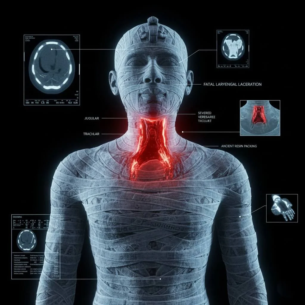 A CT scan highlighting the fatal neck wound on a mummy, representing Ramesses III's mummy revealing the truth