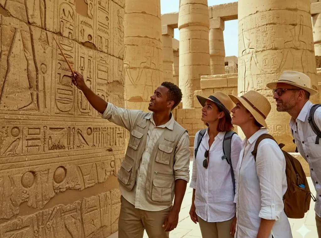 A friendly Egyptologist guide explaining hieroglyphs to a small group of travelers-min