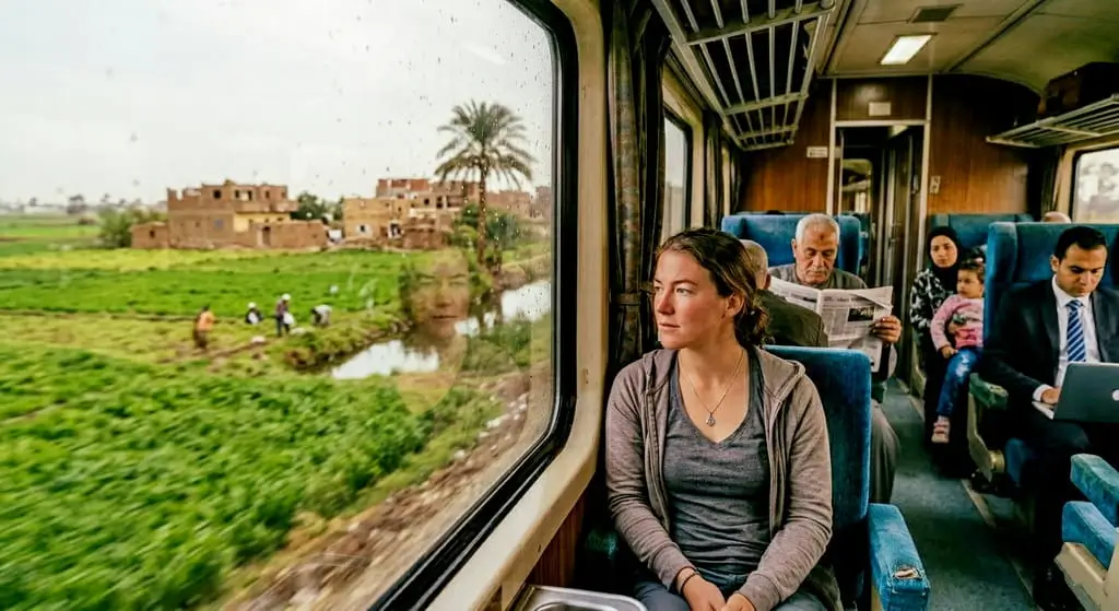 Traveler looking at Nile Delta from Egyptian Spanish Express Train window