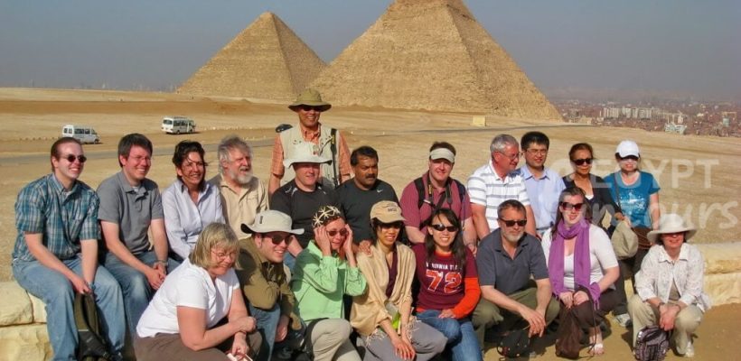 Tourist group at the Giza Pyramids - pyramids tour from the airport
