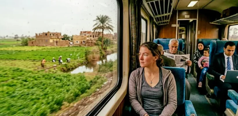 Traveler looking at Nile Delta from Egyptian Spanish Express Train window