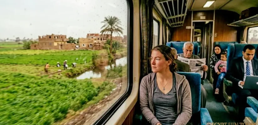 Traveler looking at Nile Delta from Egyptian Spanish Express Train window