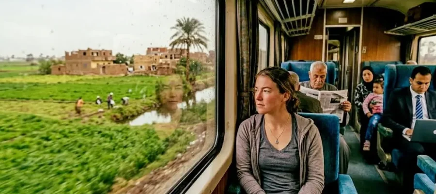 Traveler looking at Nile Delta from Egyptian Spanish Express Train window
